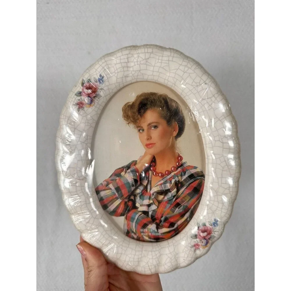 Vintage 90s Ceramic Crackle Glass Oval Picture Frame 5x7 Floral Cottagecore NEW!